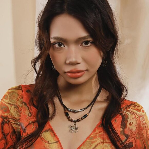 Ethnic Boho Colorful Braided Rope Necklace, Multi-Layered, Wooden Beads, Copper - Picture 4 of 7